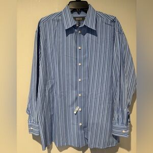 Kenneth Cole Blue and White Striped Button Down Dress Shirt